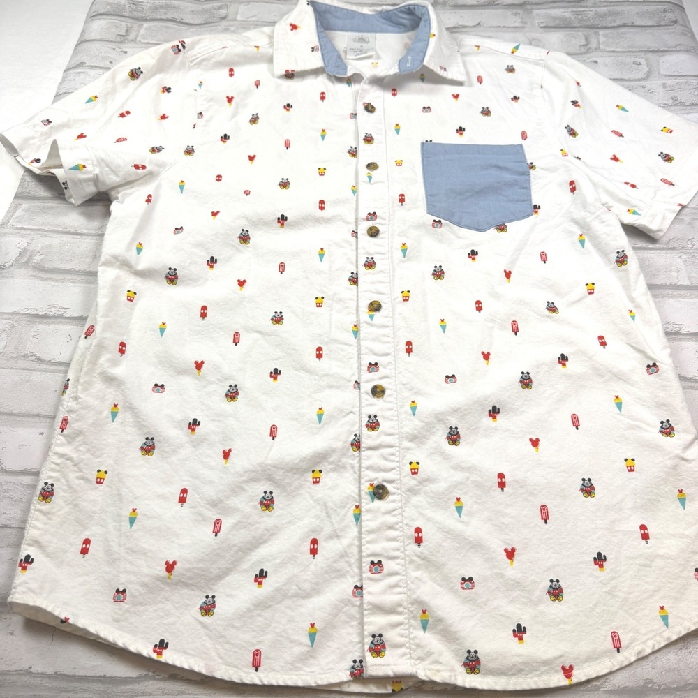 Disney Button Down Shirt Mens M White Mickey Mouse Icon Print Short Sleeve EUC